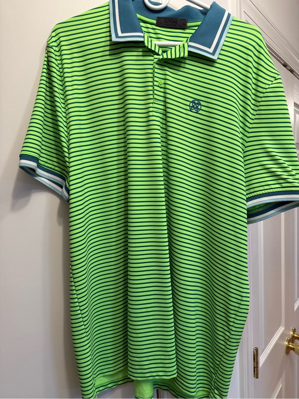 G/FORE Neon Green and Teal Striped Golf Polo